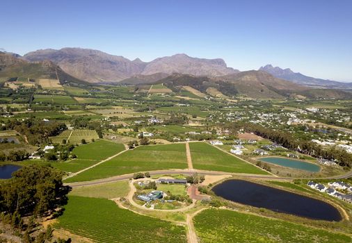 Aerial over town of Franschhoek near Cape Town, South Africa
