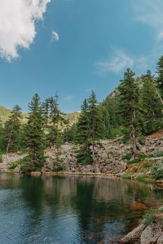 Majestic mountain lake. scenery of high mountain with lake and high peak.