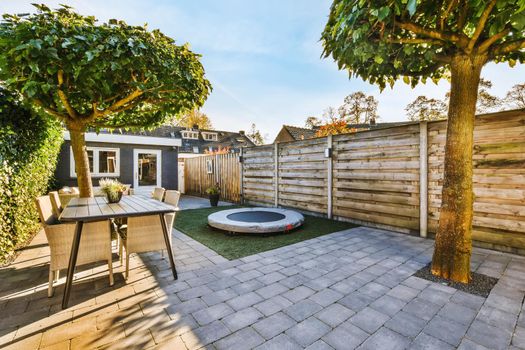 The courtyard of a house with well-groomed trees of a beautiful shape