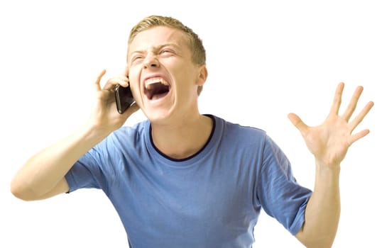 Crazy male with mobile phone. Sure he gets good news. Isolated on white.