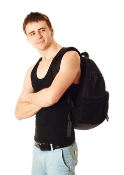 Smiling young college student with backpack, isolated against white.