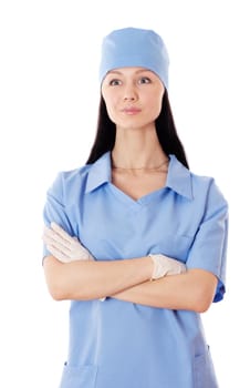 Full isolated studio picture from a young and beautiful smiling female doctor.