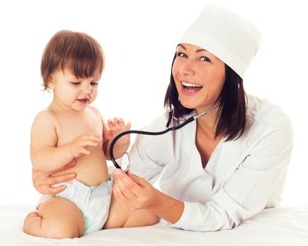 Young female Doctor checking baby with stethoscope on white background