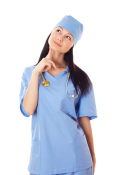 Full isolated studio picture from a young and beautiful smiling female doctor looking up.