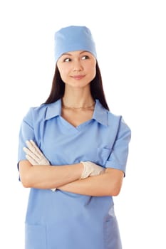 Full isolated studio picture from a young and beautiful smiling female doctor.