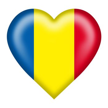 A Romania flag heart button isolated on white with clipping path 3d illustration