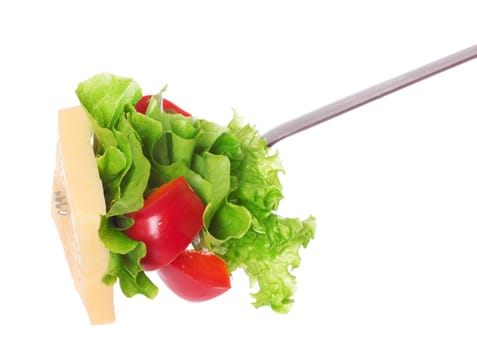 Salad on fork isolated on white.