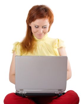 Laughing woman sitting with computer isolated