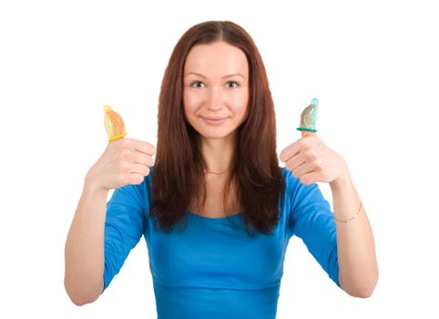 young women with yellow condoms isolated