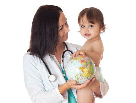 Doctor and baby holding globe. Isolated on white.