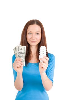 girl with bulb and dollars isolated