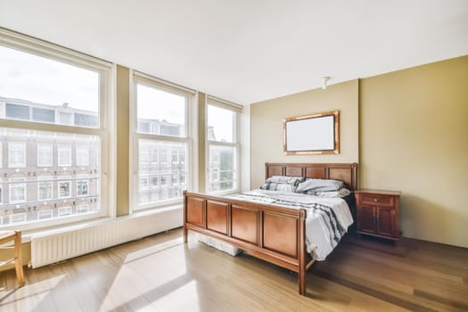 Interior design of hude bedroom with double bed