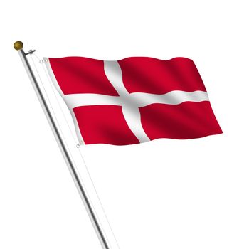 A Denmark Flagpole 3d illustration on white with clipping path
