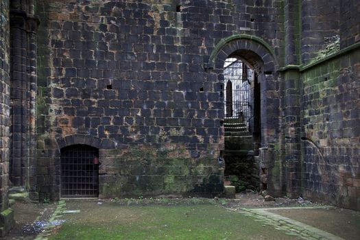 A Dark mossy stone gothic building chamber horror