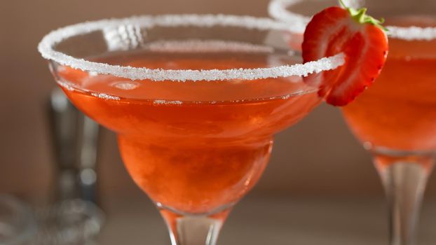 Fresh homemade refreshing strawberry cocktails margarita, close-up.