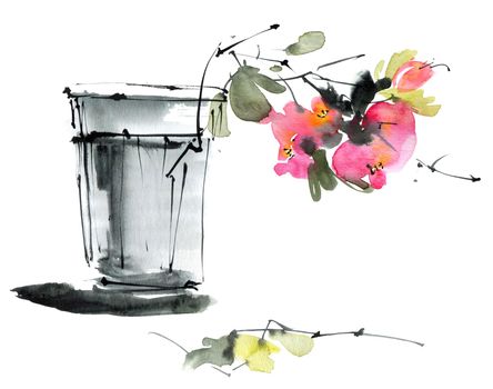 Watercolor and ink illustration of flowers - blossom plant with pink flowers and buds in the glass vase. Sumi-e art.