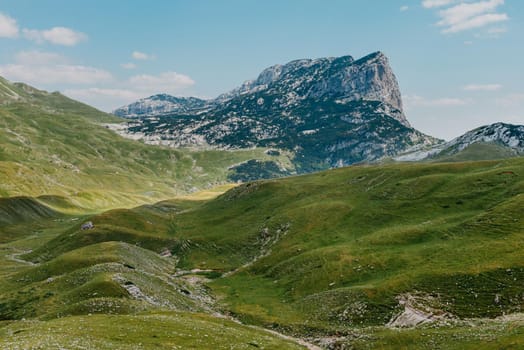 Mountain valley during sunrise. Natural summer landscape. Mountain peak green nature scenery. trail on green hill landscape