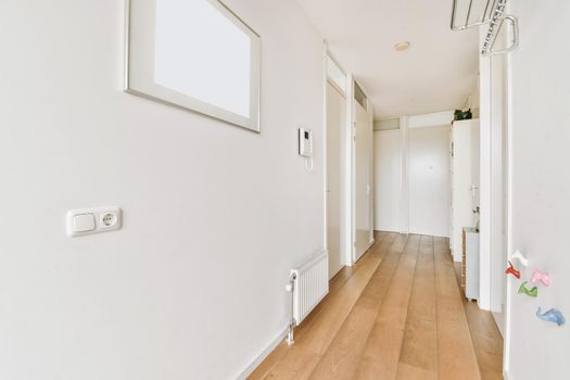 Stylish long light corridor with hanger and painting