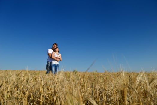 happy young couple in love have romance and fun at wheat field in summer