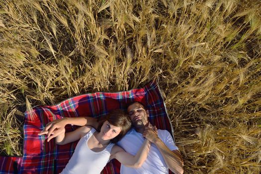 happy young couple in love have romance and fun at wheat field in summer