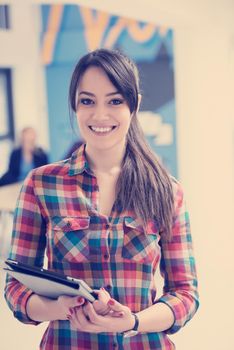 portrait of young business woman at modern startup office interior, team in meeting in background