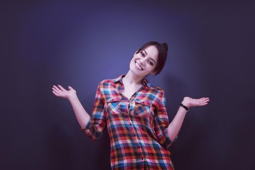 portrait of young startup business woman at modern office, grey chalkboard wall in background