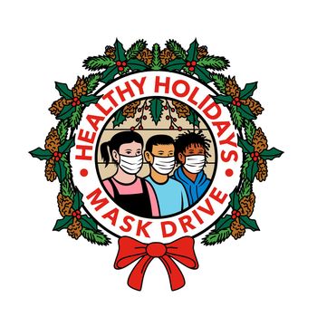 Retro style illustration of children of different race or ethnicity wearing face mask inside  circle with Christmas holiday wreath with words Healthy Holidays Mask Drive on isolated background.