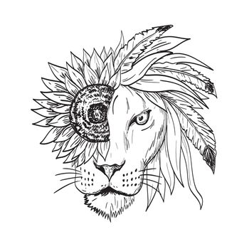Drawing sketch style illustration of a lion with sunflower, Helianthus, feather and leaves as mane viewed from front on isolated background in black and white tattoo style.
