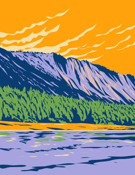 WPA poster art of Thompson Falls State Park with the Clark Fork River in western Montana, United States of America USA done in works project administration style.