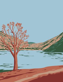 WPA poster art of Spring Valley State Park with Eagle Valley Reservoir in eastern Nevada, United States of America USA done in works project administration style.