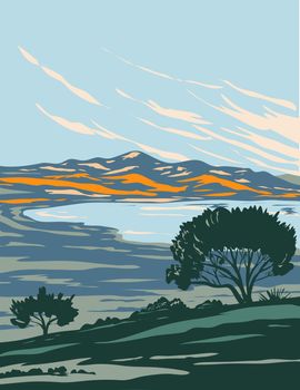 WPA poster art of the Antelope Island State Park in Antelope Island located within the Great Salt Lake in Salt Lake City and Davis County, Utah USA done in works project administration style.