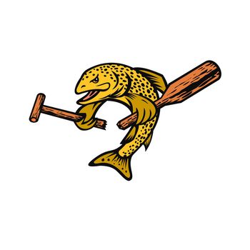 Mascot cartoon illustration of brown trout or finnock breaking a paddle viewed from front on isolated background in retro style.