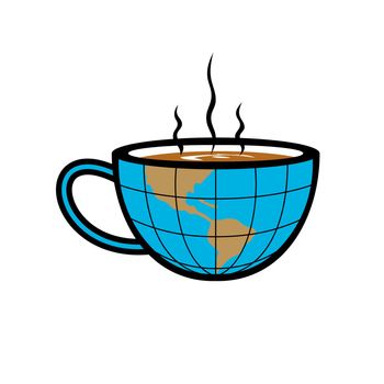Retro style illustration of a smoking hot cup of coffee with half the globe world map on isolated white background in full color.
