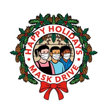 Retro style illustration of children of different race or ethnicity wearing face mask inside  circle with Christmas holiday wreath with words Happy Holidays Mask Drive on isolated background.