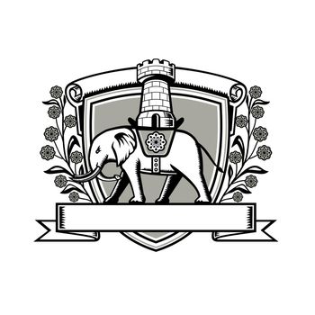 Retro woodcut coat of arms style illustration of an elephant wearing a saddle with a castle or single tower on top set inside crest shield with wattle flower on each side on isolated white background.