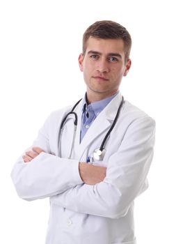 Portrait of hero in white coat.  Cheerful smiling young doctor with stethoscope in medical hospital standing against white  background. Coronavirus covid-19 danger alert