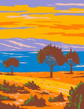 WPA poster art of Bear Lake State Park along the shore of Rendezvous Beach on the Idaho border located in Utah United States of America, USA done in works project administration style.
