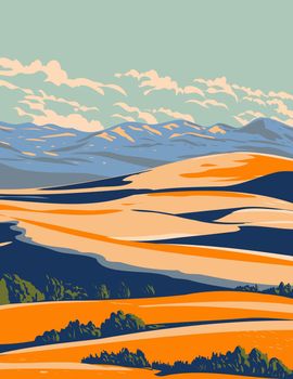 WPA poster art of Coral Pink Sand Dunes State Park between Mount Carmel Junction and Kanab in southwestern Utah United States of America, USA done in works project administration style.