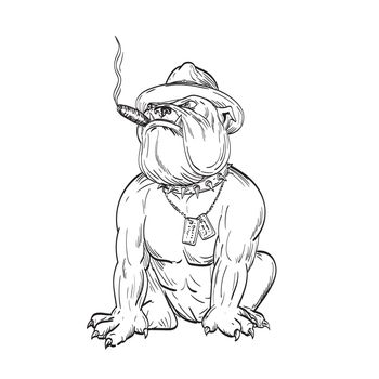 Drawing sketch style illustration of a an army sergeant major bulldog wearing hat smoking cigar and wearing dog tags sitting viewed from front on isolated background in black and white tattoo style.
