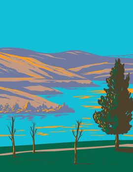 WPA poster art of East Canyon State Park and the 684 acre reservoir located northeast of Salt Lake City in Morgan County, Utah United States of America USA done in works project administration style.