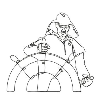 Continuous line drawing illustration of a fisherman skipper helmsman or ship captain at the helm or wheel viewed from front done in mono line or doodle style in black and white on isolated background. 
