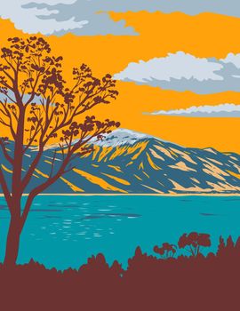 WPA poster art of Washoe Lake State Park on the southeast shore of Washoe Lake in Washoe County in Nevada, United States of America USA done in works project administration style.
