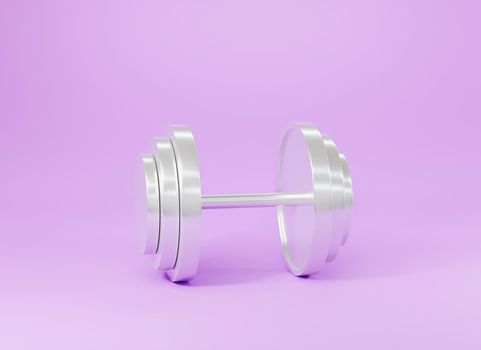 One dumbbell against metal isolated on purple background, Gym fitness and accessories sports weight equipment symbol, 3D rendering illustration