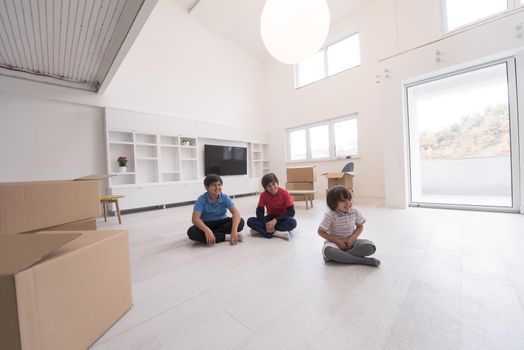 happy young boys having fun on the floor in a new modern home