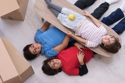 portrait of happy young boys with cardboard boxes around them in a new modern home top view