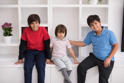 happy young boys are having fun while posing on a shelf in a new modern home