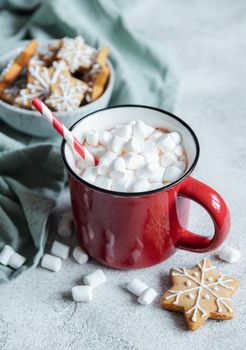 Cozy winter and Christmas setting with hot cocoa and homemade cookies