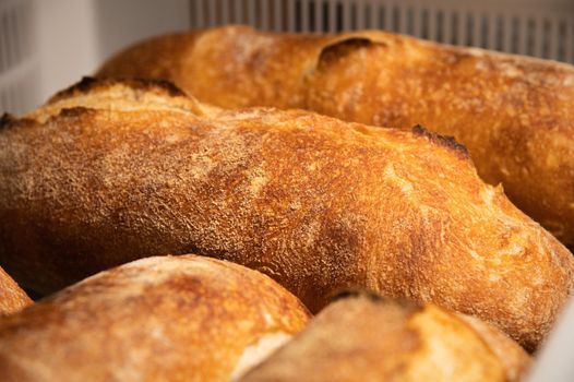 Fresh hot artisan bread in a white plastic transport box. Healthy and tasty food baked goods.