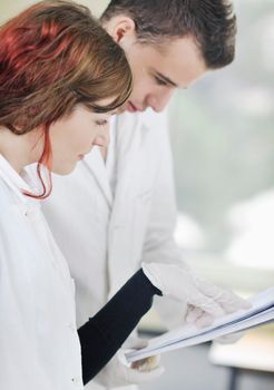 young students couple making test in bright labaratory