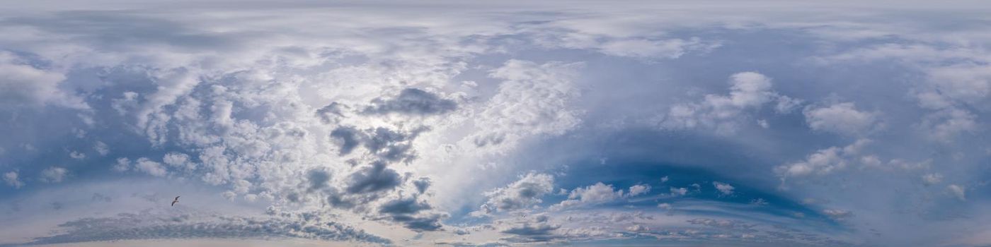 Sky panorama with Cirrus clouds in Seamless spherical equirectangular format. Full zenith for use in 3D graphics, game and editing aerial drone 360 degree panoramas for sky replacement